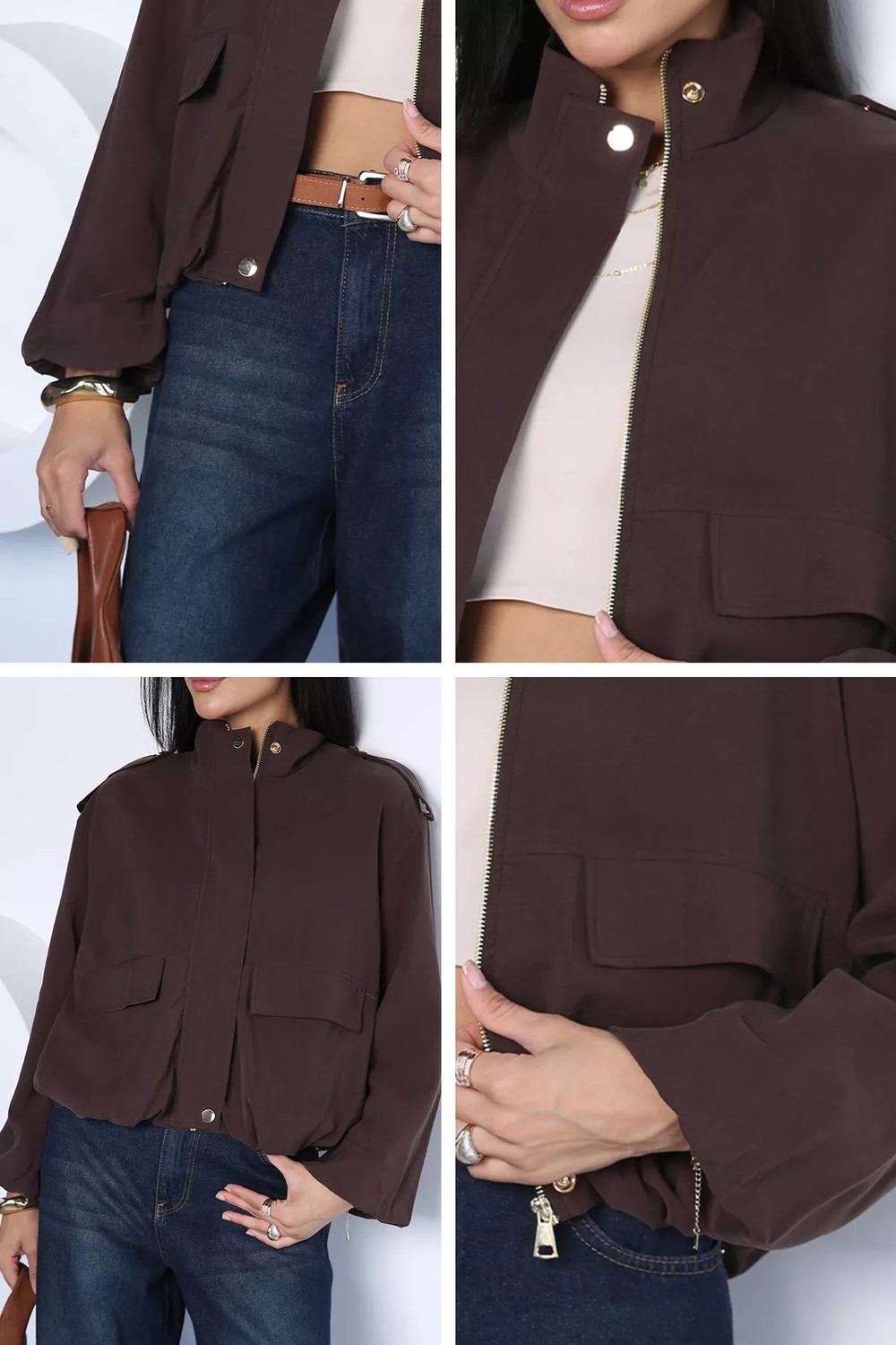 Gülseli Kadın Bel ve Bilek Lastikli Çıtçıtlı Fermuarlı Camelya Bomber Ceket P-00023139 görsel 3