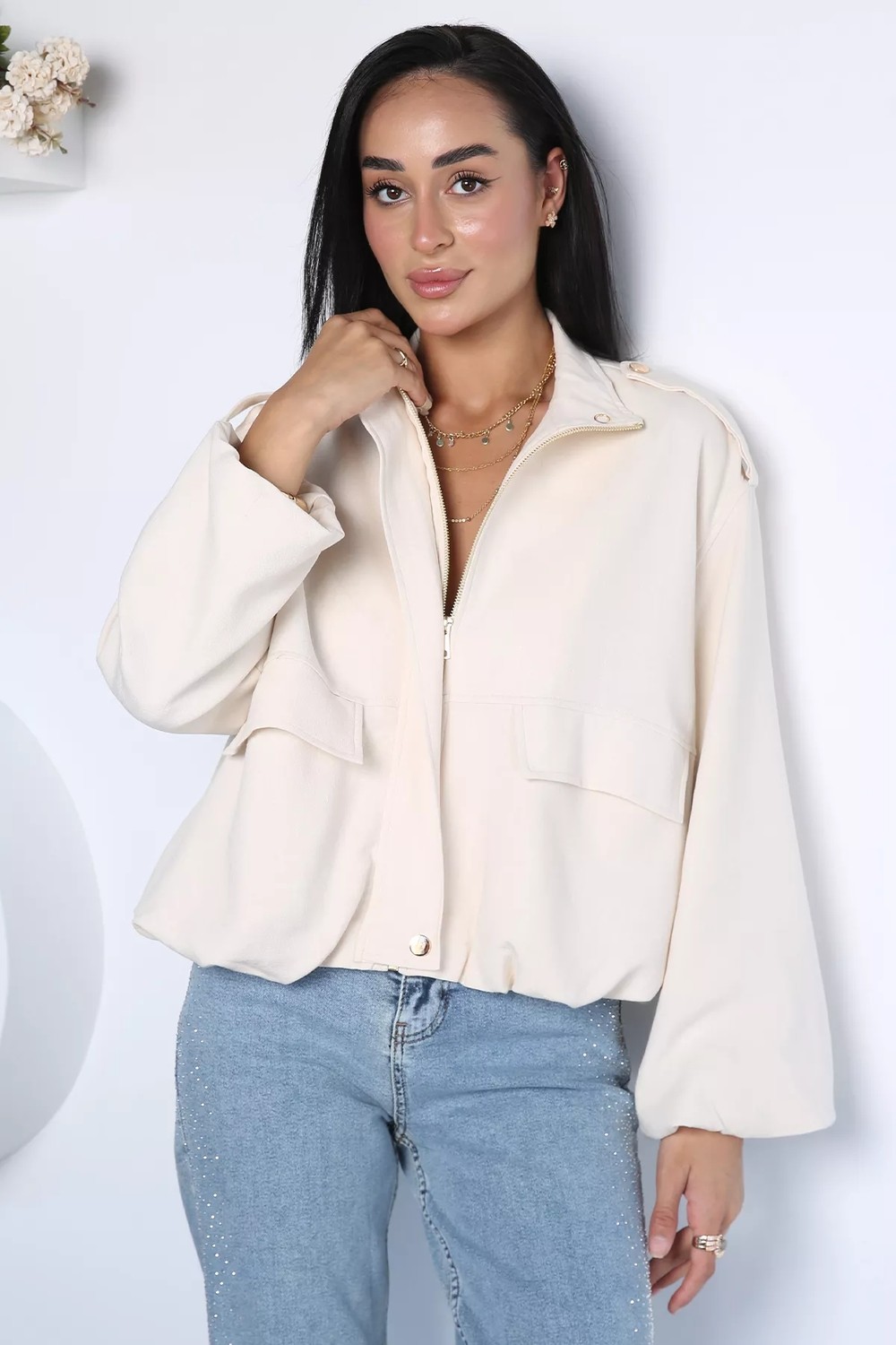 Gülseli Kadın Çıtçıtlı ve Fermuarlı Linen Bomber Ceket P-00023138