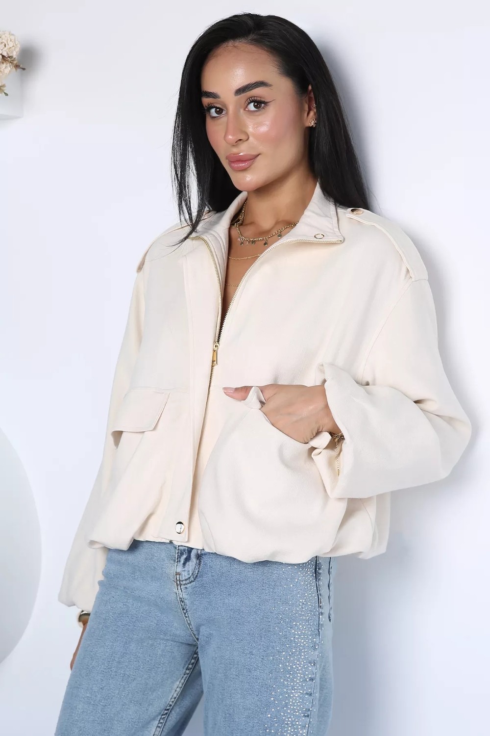 Gülseli Kadın Çıtçıtlı ve Fermuarlı Linen Bomber Ceket P-00023138 görsel 2
