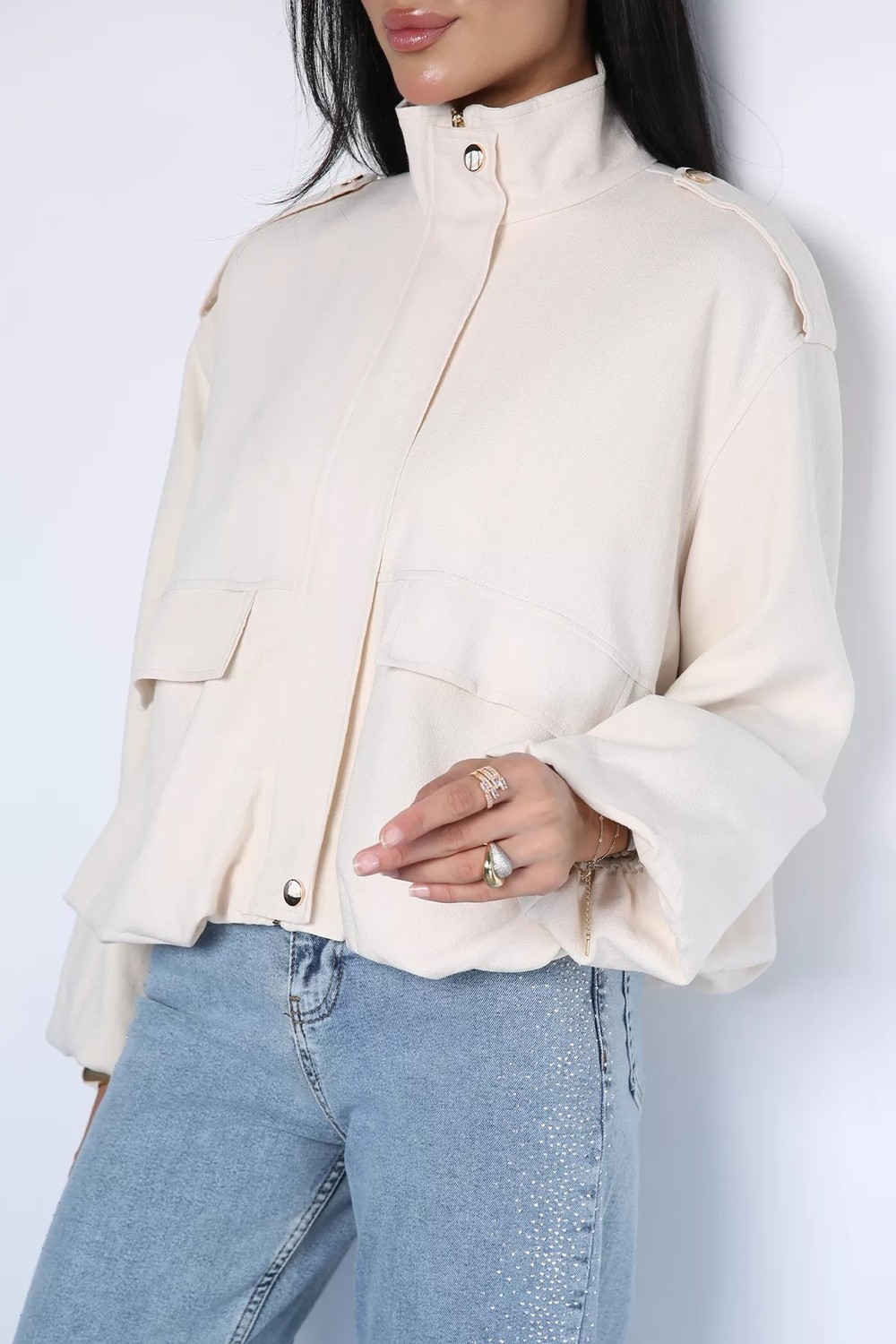 Gülseli Kadın Çıtçıtlı ve Fermuarlı Linen Bomber Ceket P-00023138 görsel 3