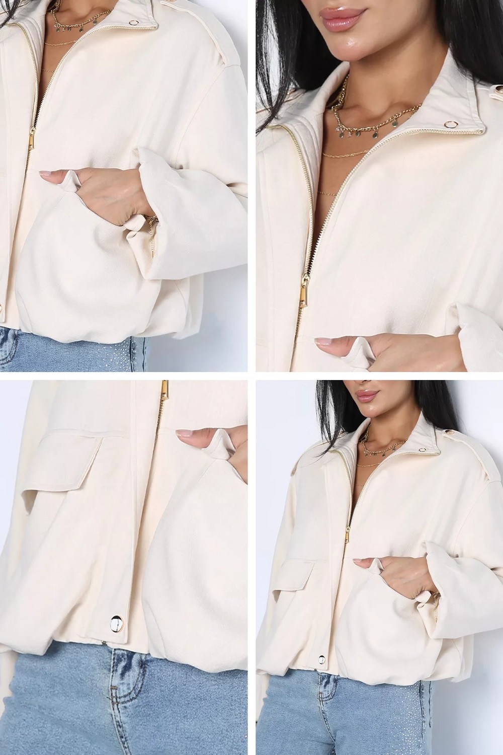 Gülseli Kadın Çıtçıtlı ve Fermuarlı Linen Bomber Ceket P-00023138 görsel 5