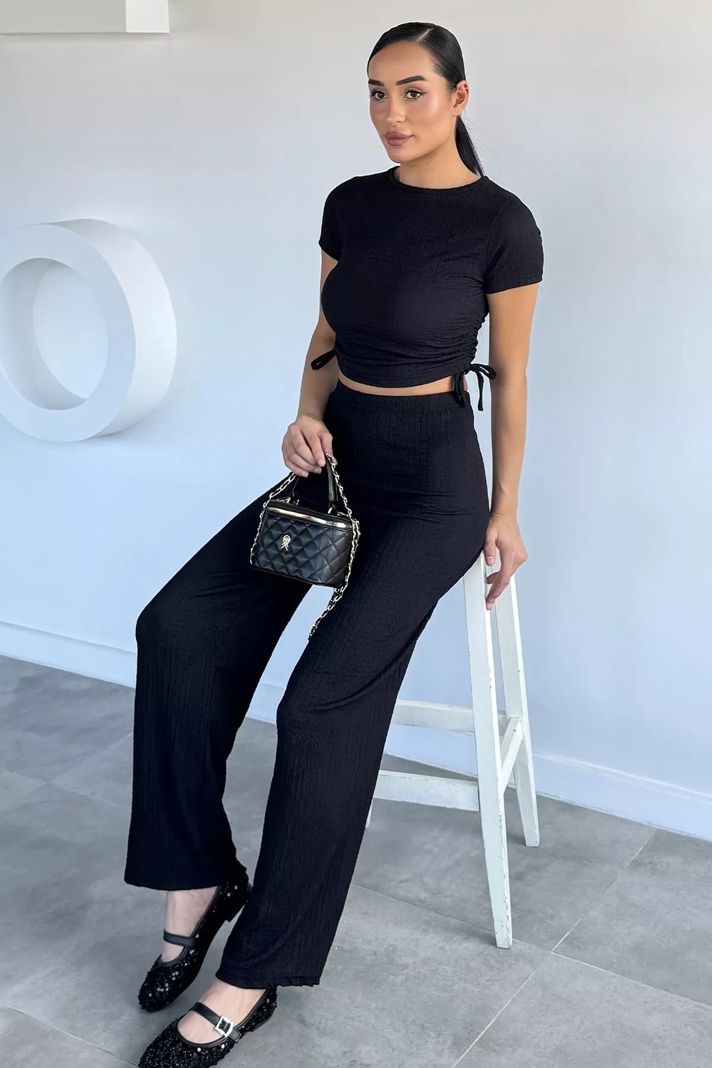 Gülseli Kadın Yan Büzgü Detaylı Bluz Bel Lastikli Pantolon Ikili Takım P-00022478