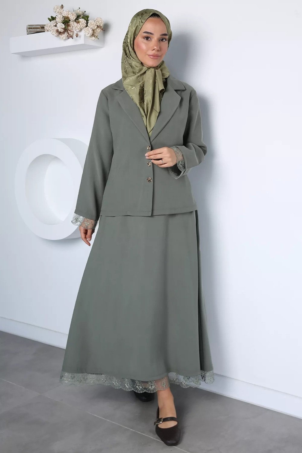 Gülseli Kadın Dantel Işlemeli Bel Lastikli Etek Ceket Modern Ikili Takım P-00023035 görsel 3