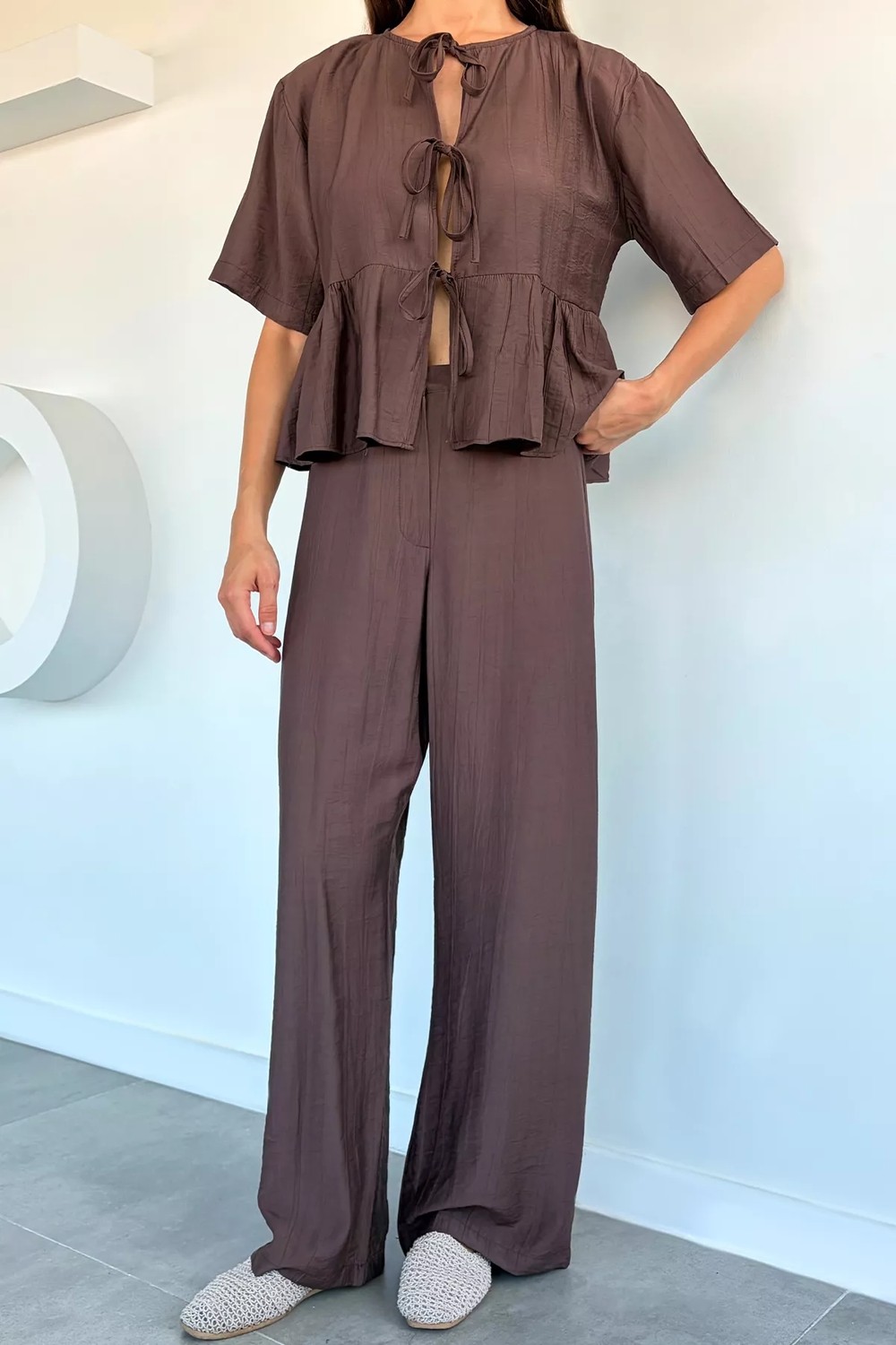 Gülseli Kadın Ön Bağlamalı Bluz Palazzo Pantolon Ikili Takım P-00022330 görsel 3
