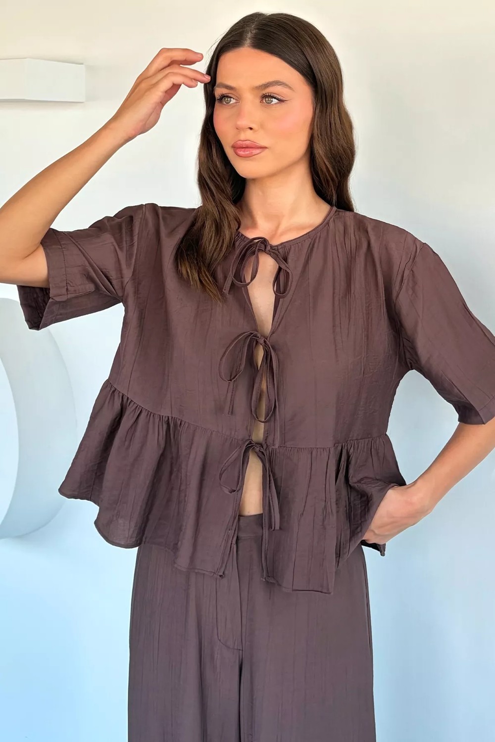 Gülseli Kadın Ön Bağlamalı Bluz Palazzo Pantolon Ikili Takım P-00022330 görsel 5