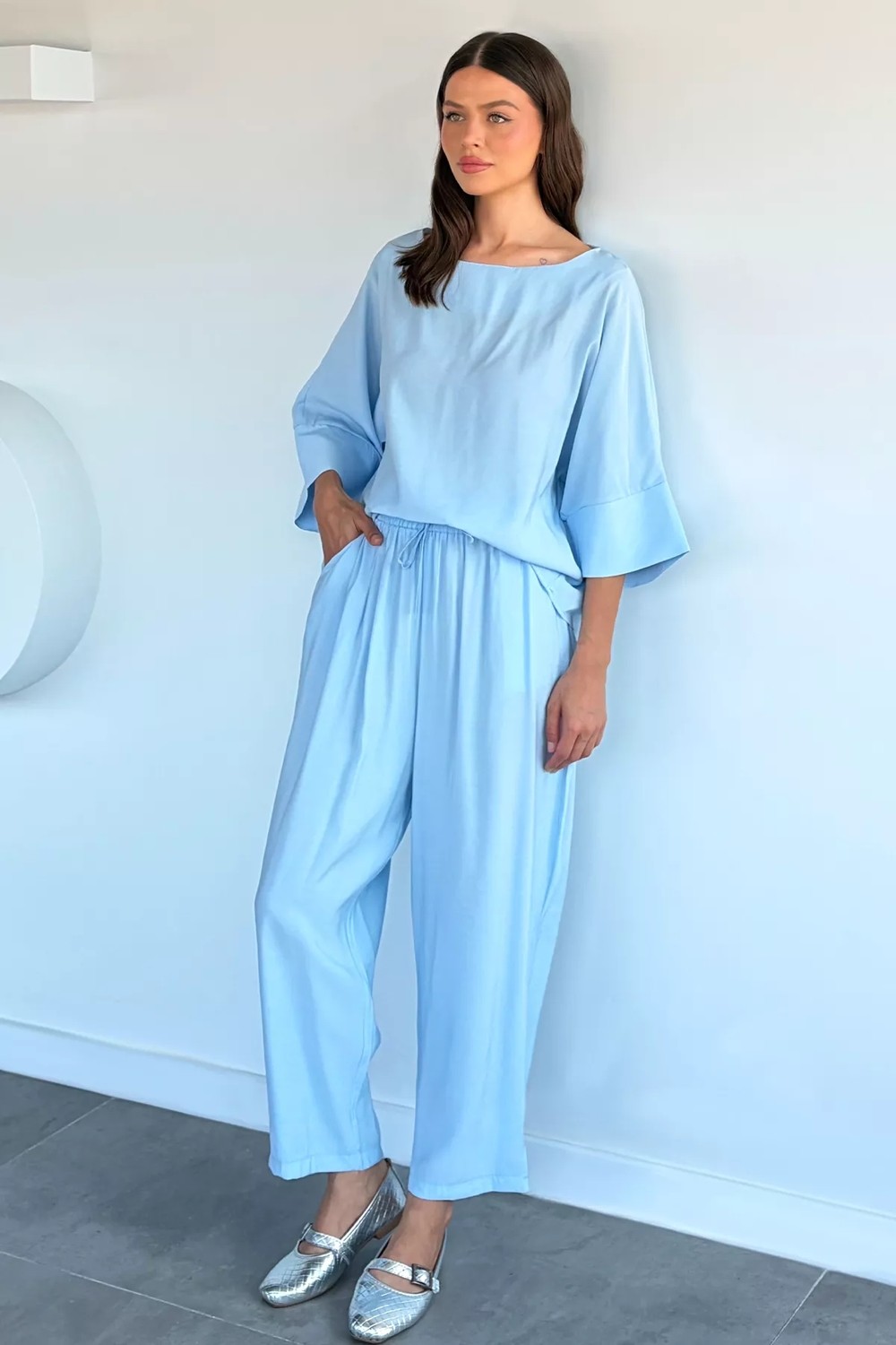 Gülseli Kadın Tencel Kumaş Bluz Bel Lastikli Pantolon Ikili Takım P-00022331