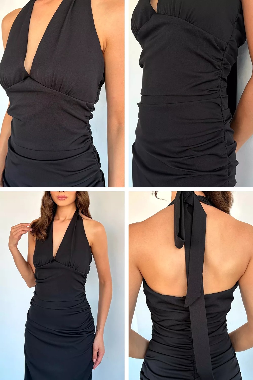 Gülseli Kadın Boyundan Bağlamalı Yan Büzgü Detaylı Yırtmaçlı Abiye Elbise P-00022279 görsel 7