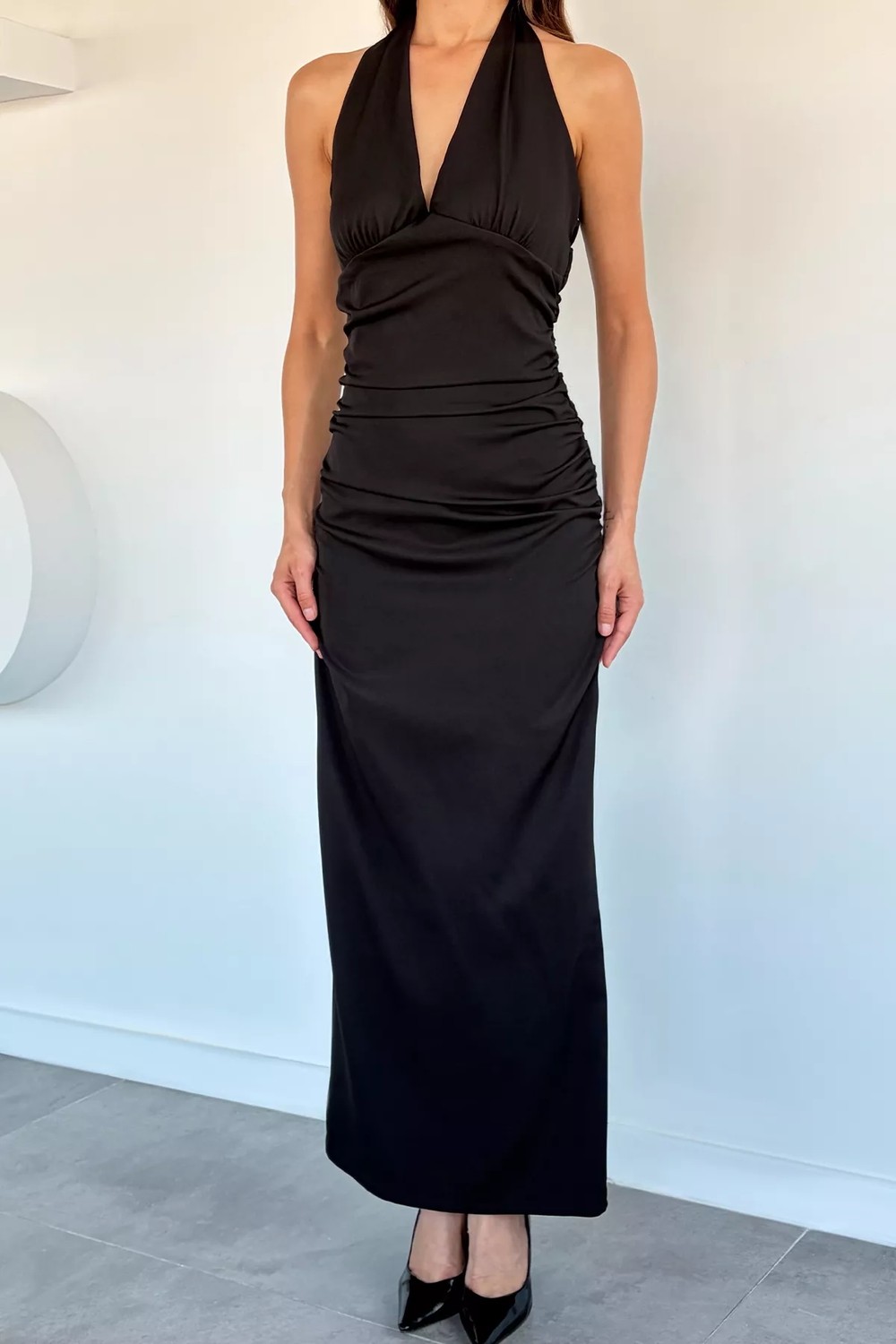 Gülseli Kadın Boyundan Bağlamalı Yan Büzgü Detaylı Yırtmaçlı Abiye Elbise P-00022279 görsel 8