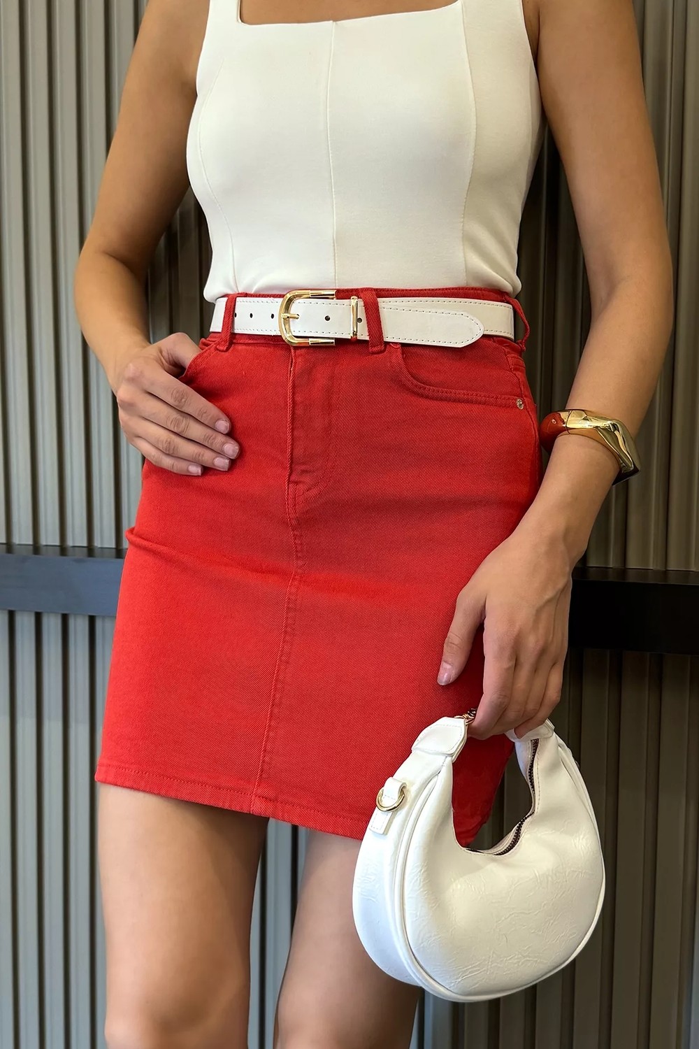 Gülseli Kadın Deri Kemerli Jean Kot Etek P-00022390 görsel 2