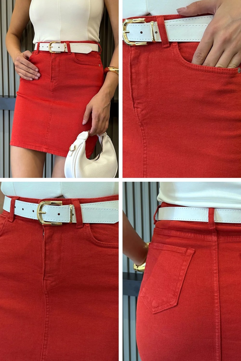 Gülseli Kadın Deri Kemerli Jean Kot Etek P-00022390 görsel 5