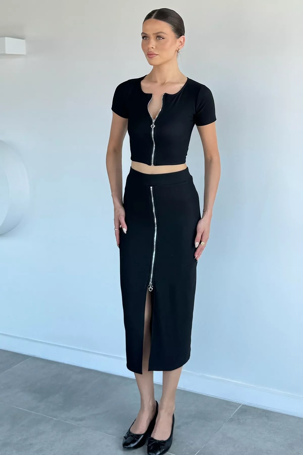 Gülseli Ön Fermuarlı Bluz Etek Ikili Takım P-00022278