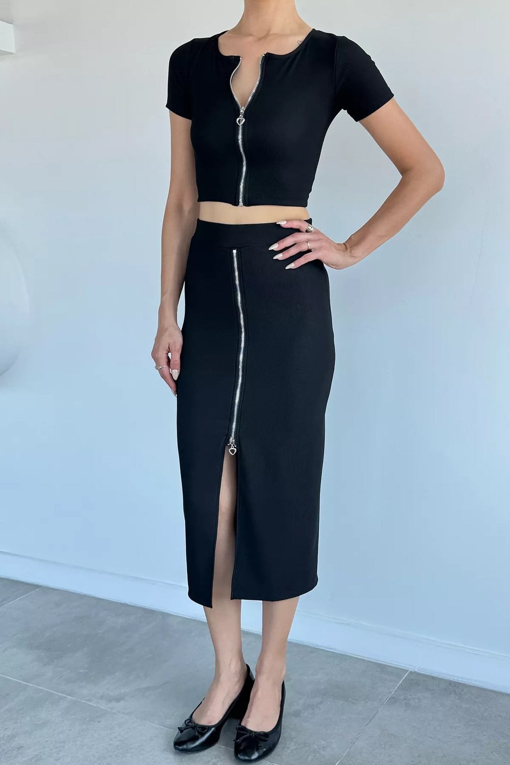 Gülseli Ön Fermuarlı Bluz Etek Ikili Takım P-00022278 görsel 3