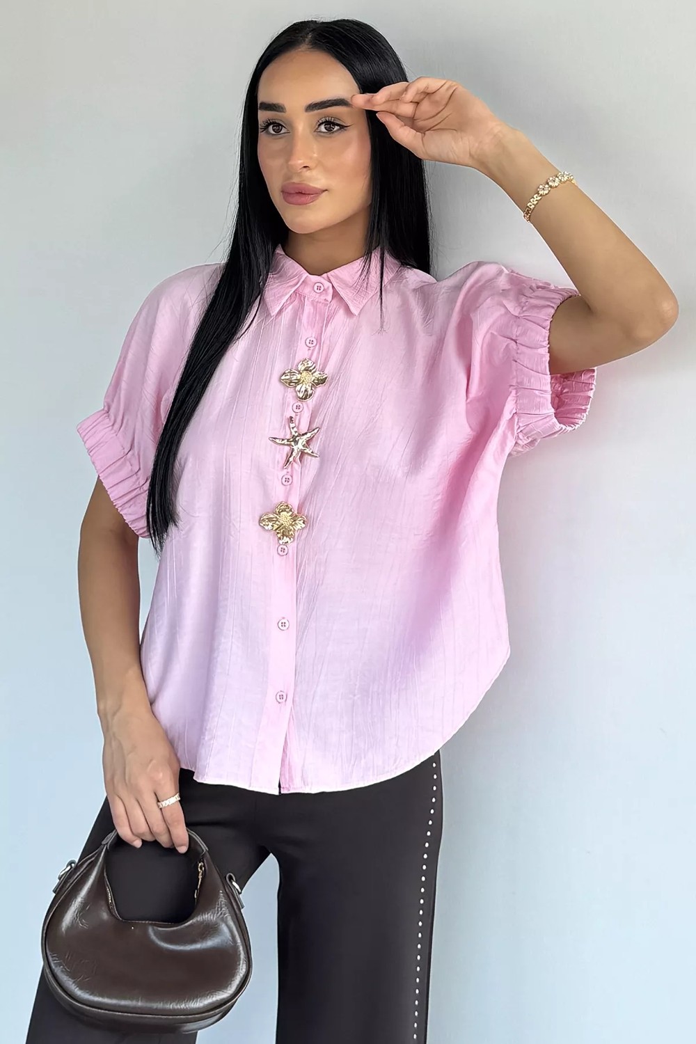 Gülseli Kadın Kol Lastikli Düğme Aksesuarlı Gömlek P-00021775 görsel 7