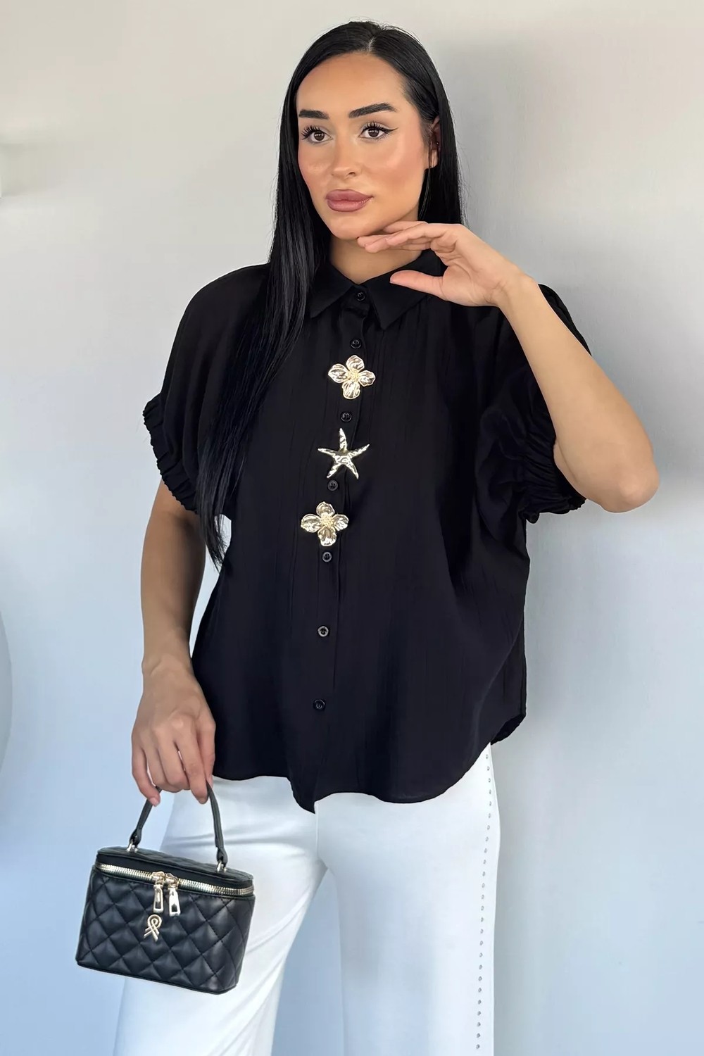 Gülseli Kadın Kol Lastikli Düğme Aksesuarlı Gömlek P-00021775