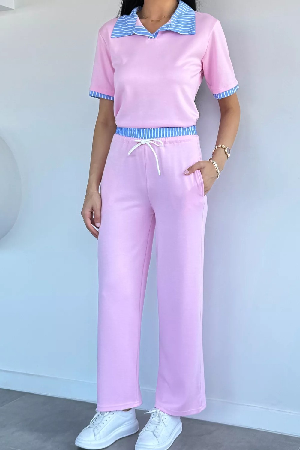 Gülseli Kadın Polo Yaka Bluz Bel Lastikli Pantolon Ikili Takım P-00022256