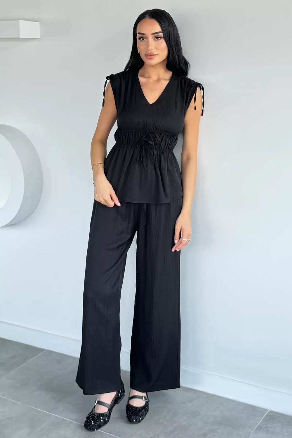 Gülseli Kadın Bel Lastikli Pantolon V Yaka Bluz Ikili Takım P-00022129