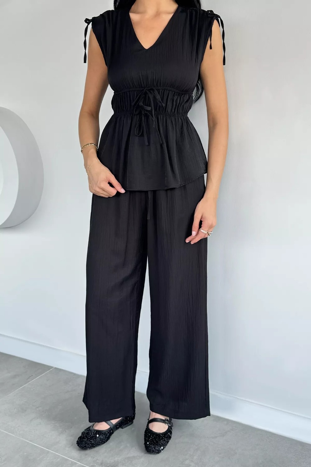 Gülseli Kadın Bel Lastikli Pantolon V Yaka Bluz Ikili Takım P-00022129 görsel 2