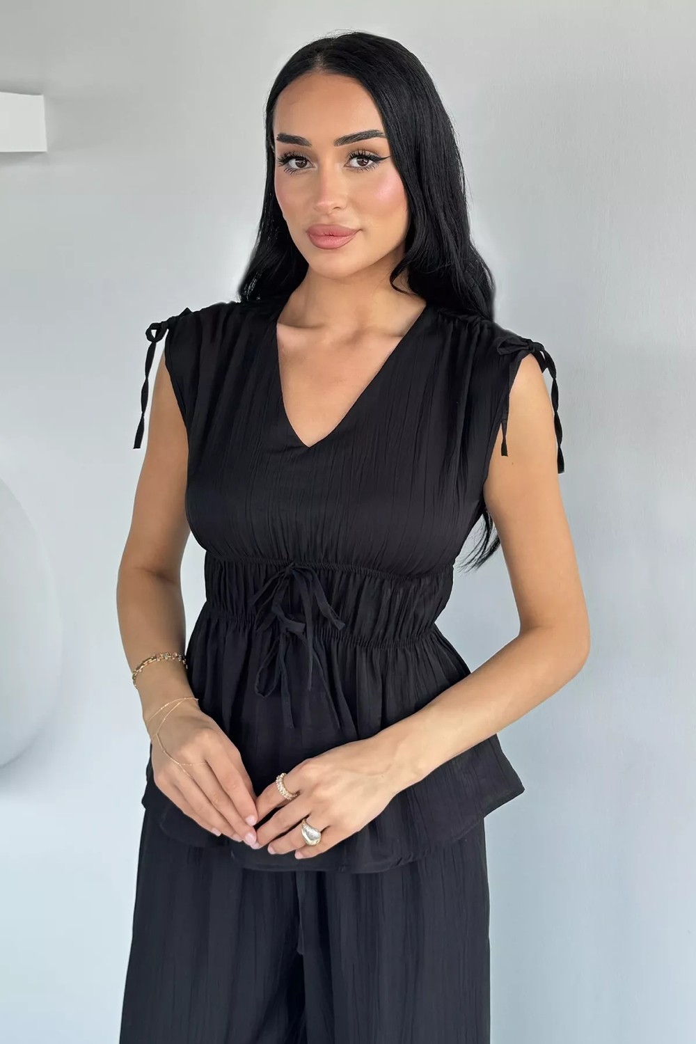 Gülseli Kadın Bel Lastikli Pantolon V Yaka Bluz Ikili Takım P-00022129 görsel 3