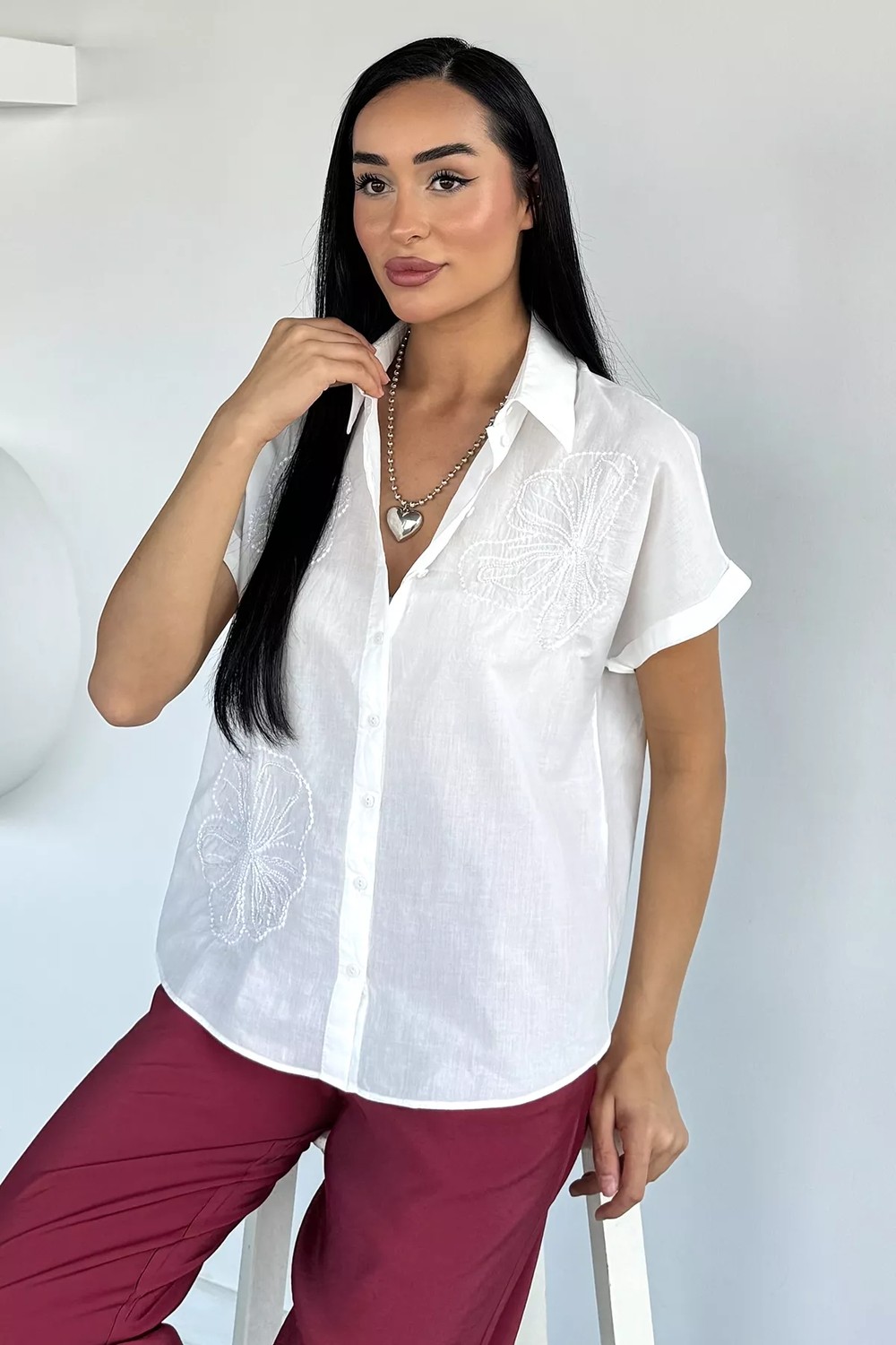 Gülseli Kadın Boncuk Nakışlı Kısa Kol Gömlek P-00021872
