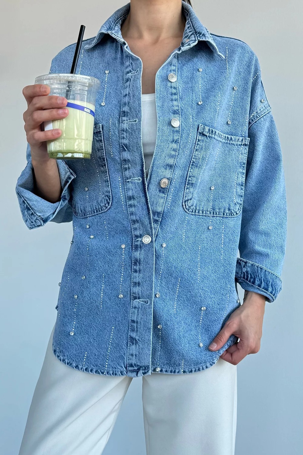 Gülseli Kadın Taşlı Jean Kot Ceket P-00021884 görsel 2