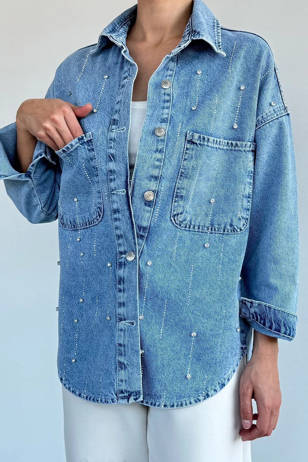Gülseli Kadın Taşlı Jean Kot Ceket P-00021884 görsel 3