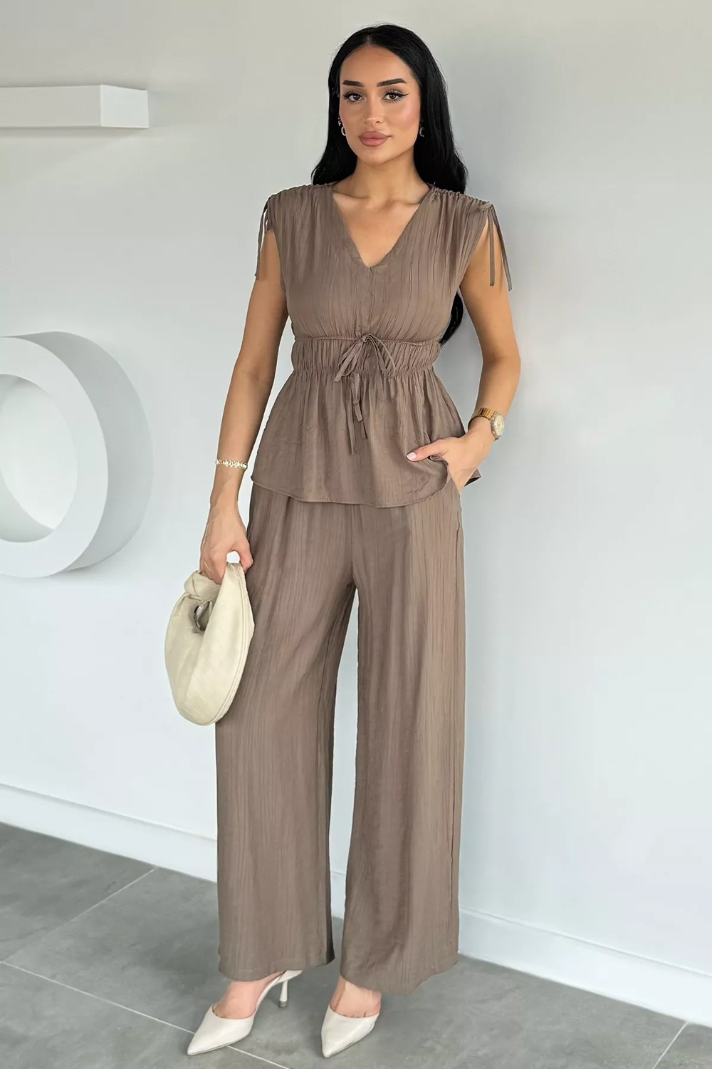 Gülseli Kadın Bel Lastikli Pantolon V Yaka Bluz Ikili Takım P-00022129