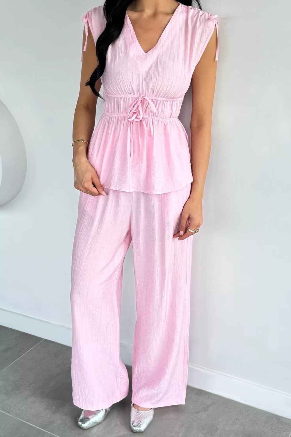 Gülseli Kadın Bel Lastikli Pantolon V Yaka Bluz Ikili Takım P-00022129 görsel 7