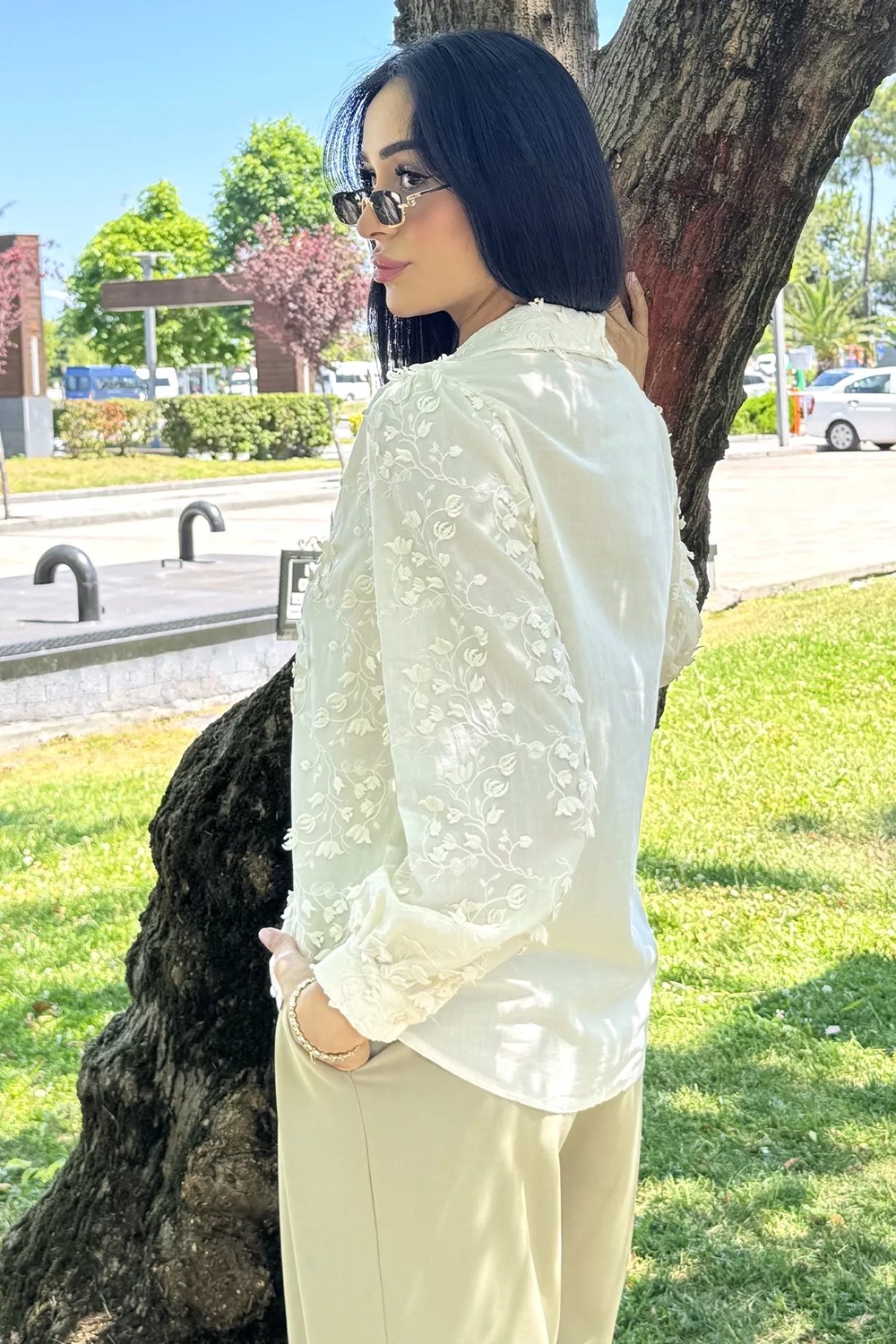 Gülseli Kadın Yaprak Desenli Uzun Kol Gömlek P-00021870 görsel 3