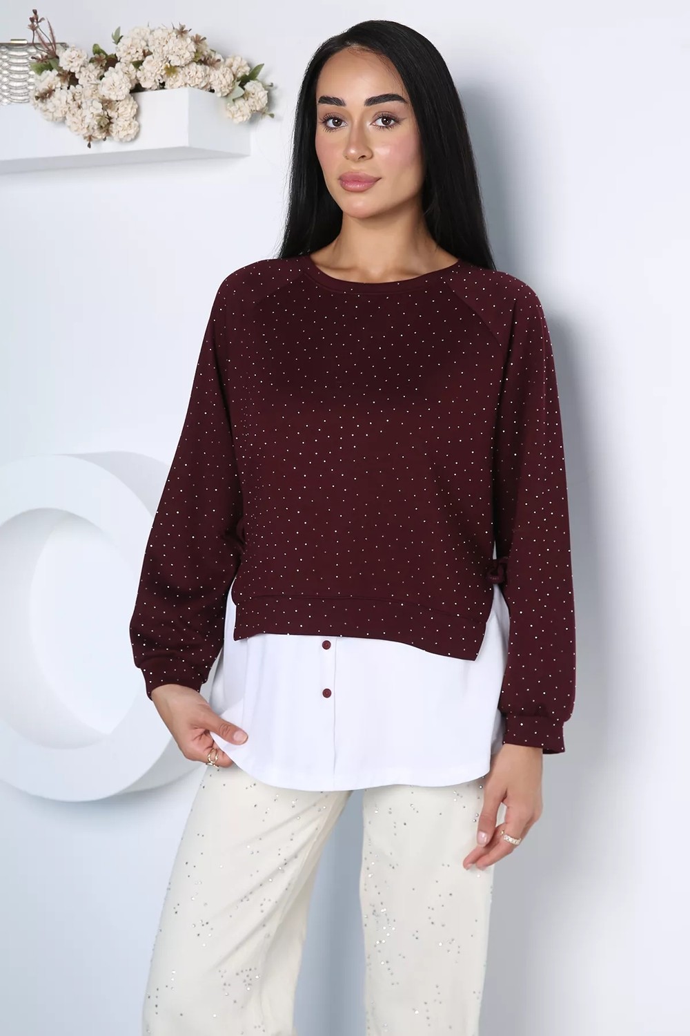 Gülseli Kadın Taşlı Gömlek Garnili Sweatshirt P-00021723