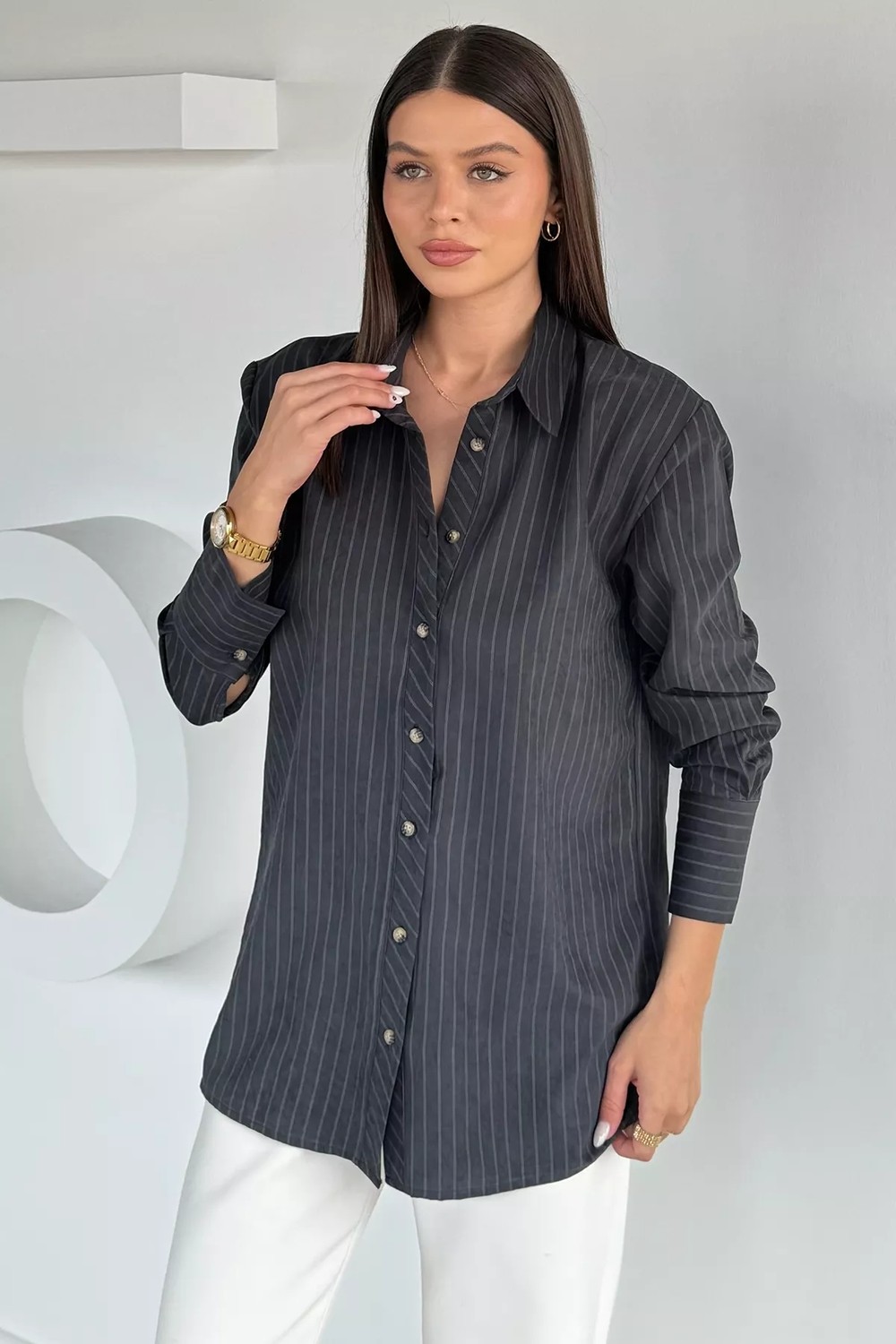 Gülseli Kadın Çizgi Desenli Gömlek P-00021431 görsel 5