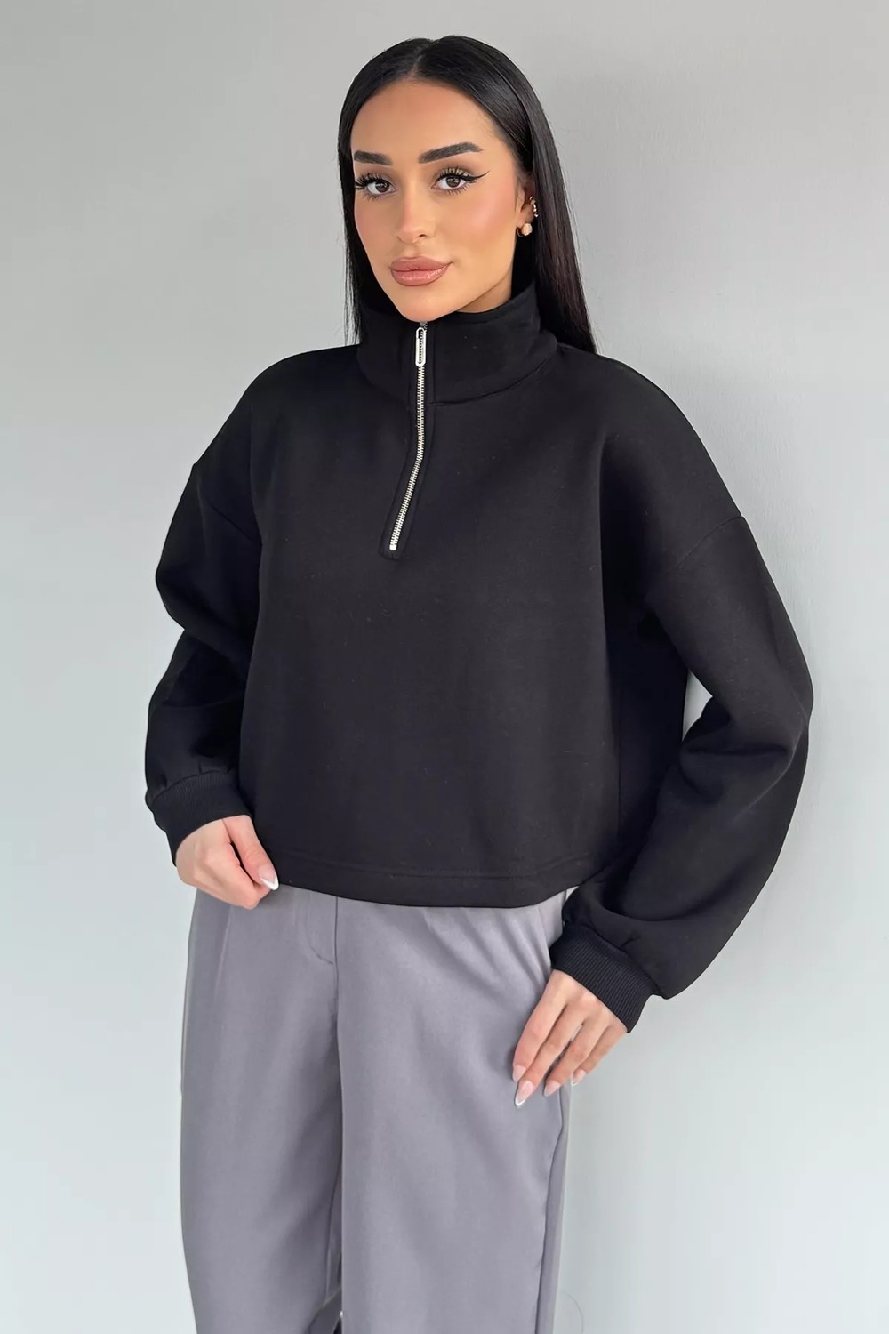 Gülseli Kadın Polo Yaka Yarım Fermuarlı Şardonlu Sweatshirt P-00020406 görsel 2