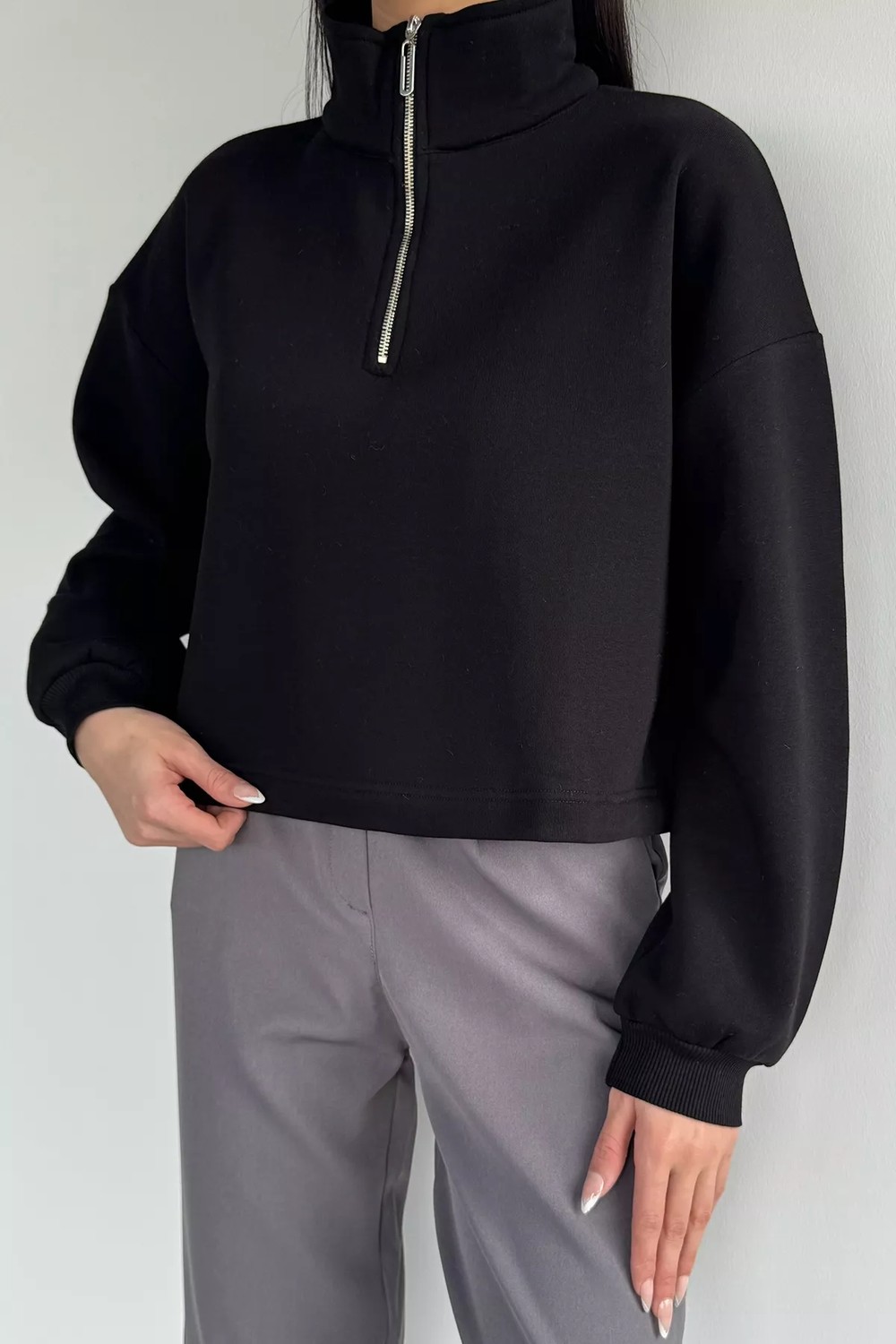 Gülseli Kadın Polo Yaka Yarım Fermuarlı Şardonlu Sweatshirt P-00020406 görsel 3