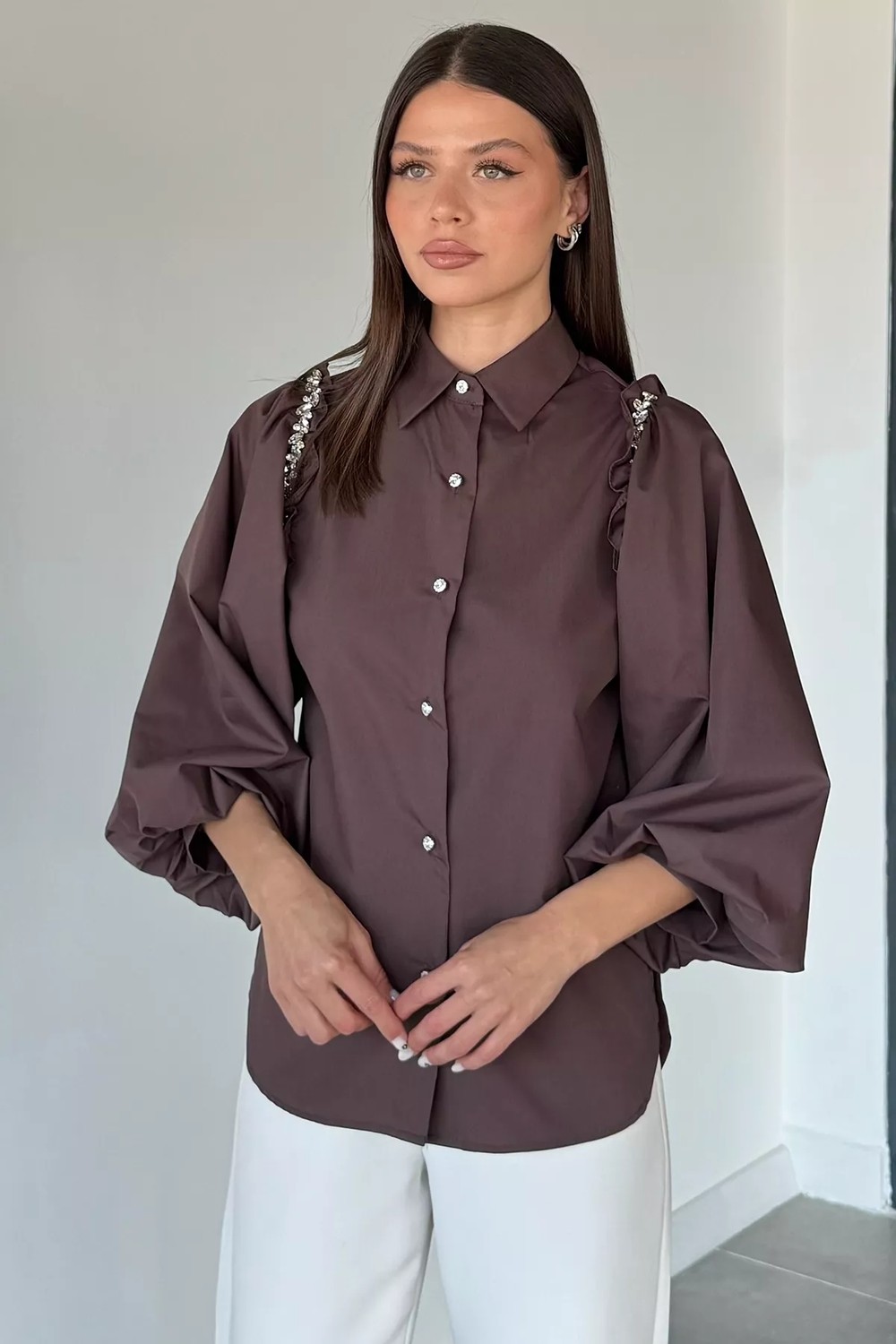 Gülseli Kadın Taş Işlemeli Balon Kol Gömlek P-00021225
