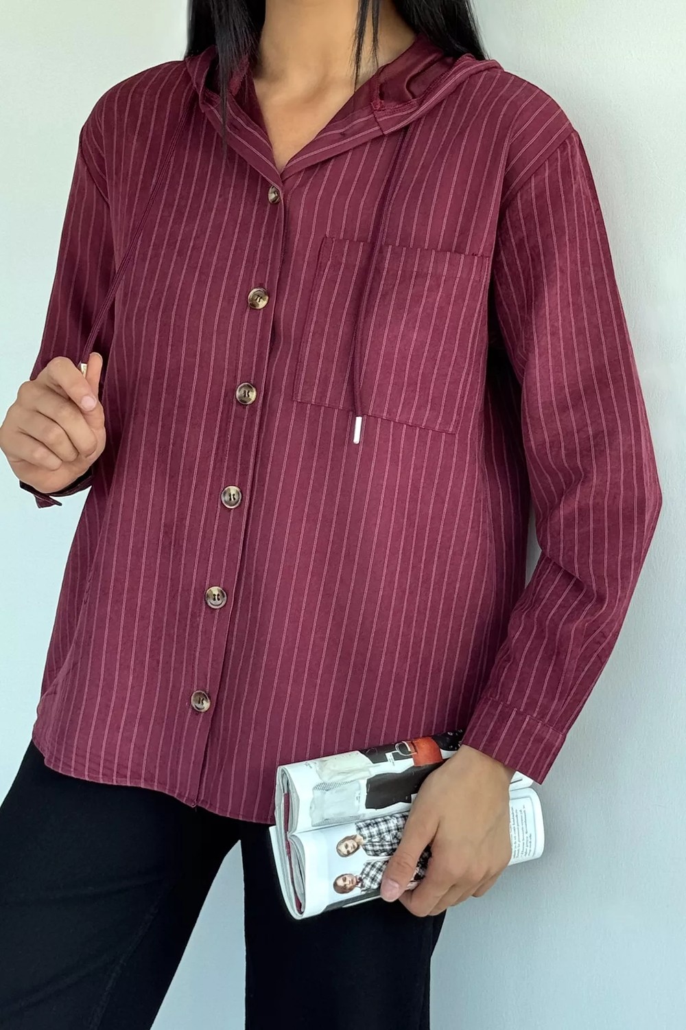Gülseli Kadın Çizgi Desenli Kapüşonlu Spor Gömlek P-00021452 görsel 5
