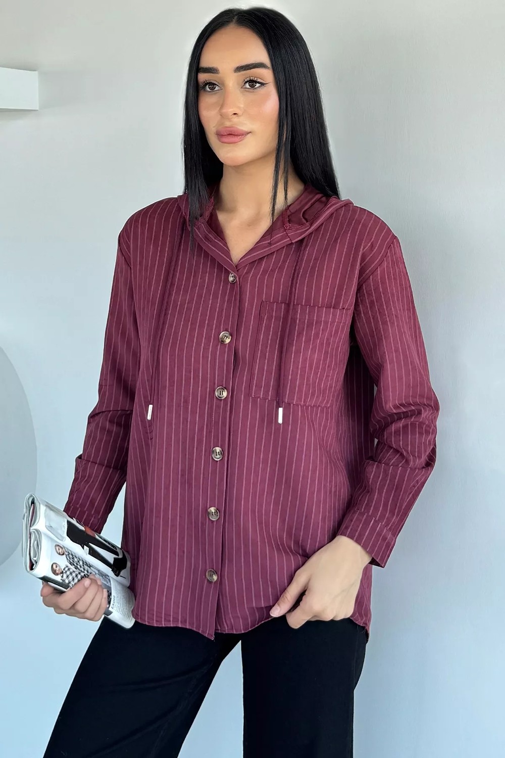 Gülseli Kadın Çizgi Desenli Kapüşonlu Spor Gömlek P-00021452 görsel 6