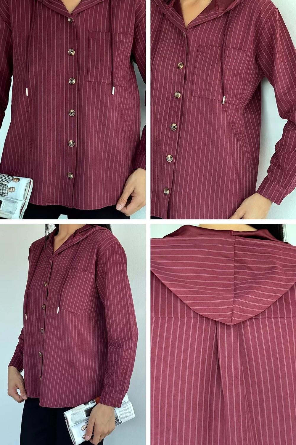 Gülseli Kadın Çizgi Desenli Kapüşonlu Spor Gömlek P-00021452 görsel 7