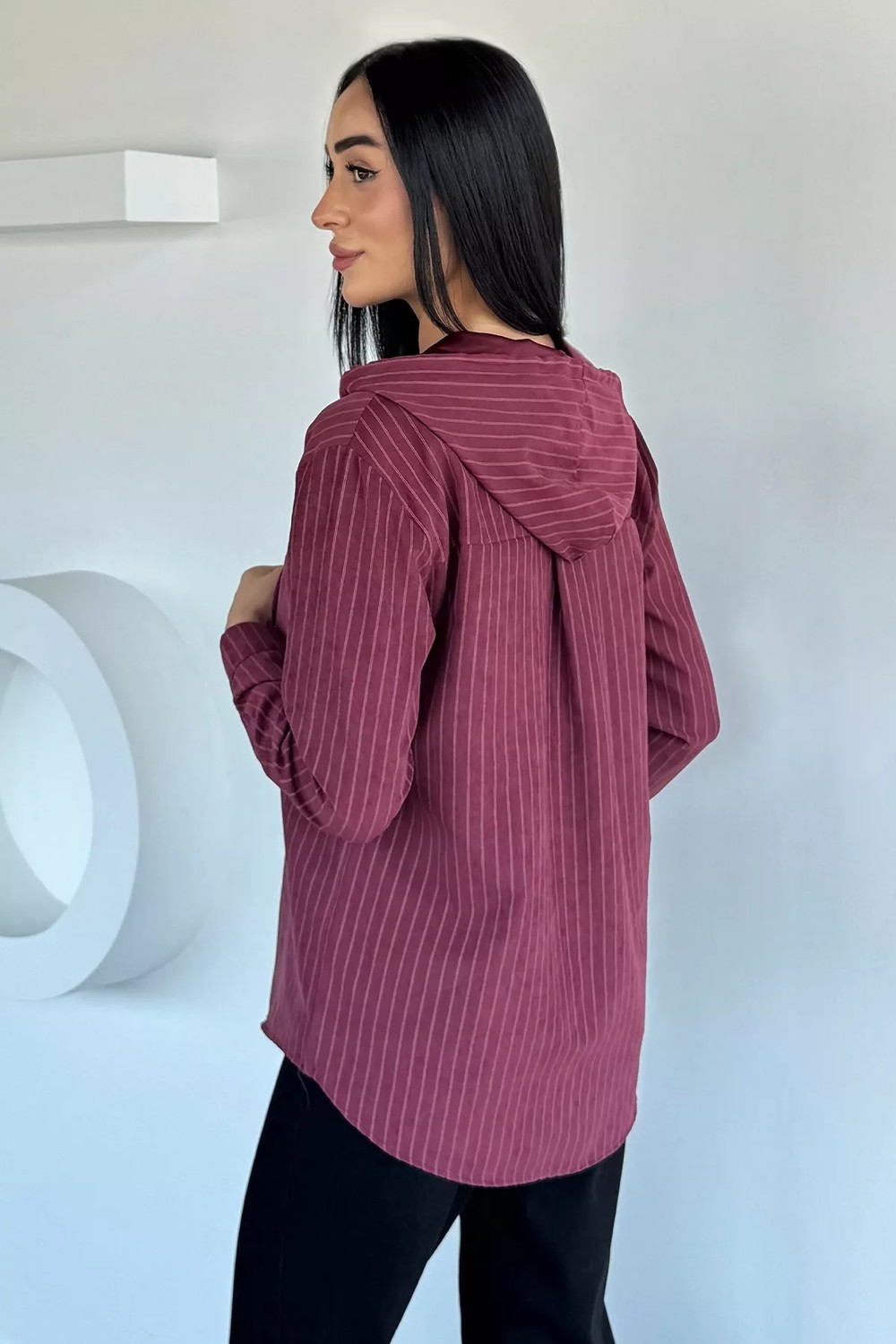 Gülseli Kadın Çizgi Desenli Kapüşonlu Spor Gömlek P-00021452 görsel 8