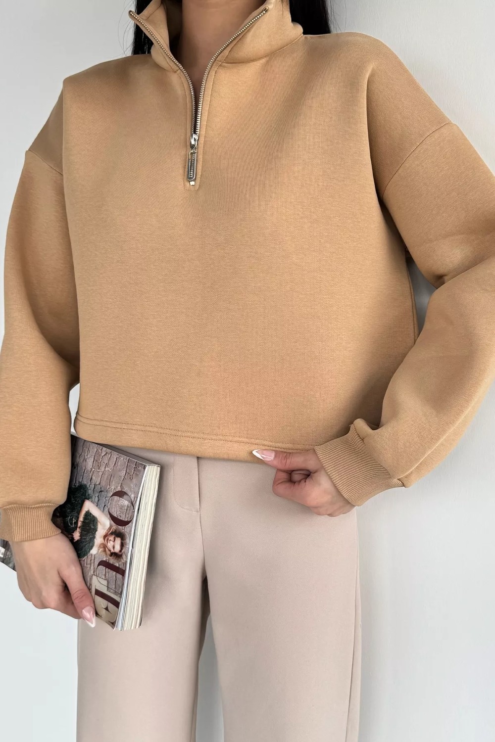 Gülseli Kadın Polo Yaka Yarım Fermuarlı Şardonlu Sweatshirt P-00020406 görsel 5