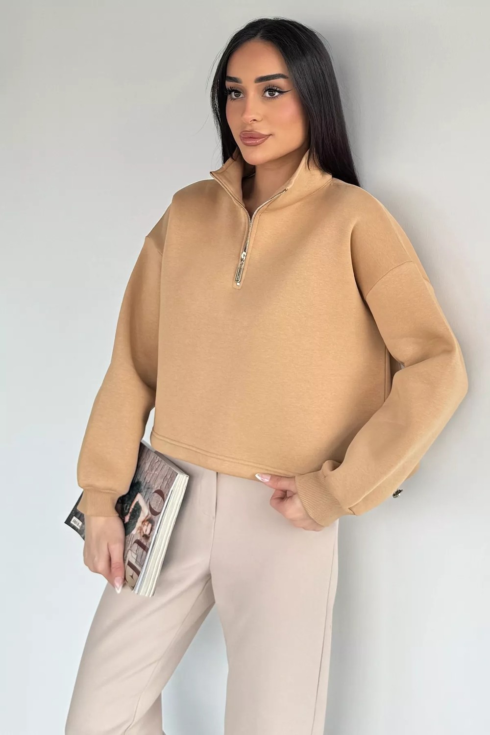 Gülseli Kadın Polo Yaka Yarım Fermuarlı Şardonlu Sweatshirt P-00020406 görsel 6