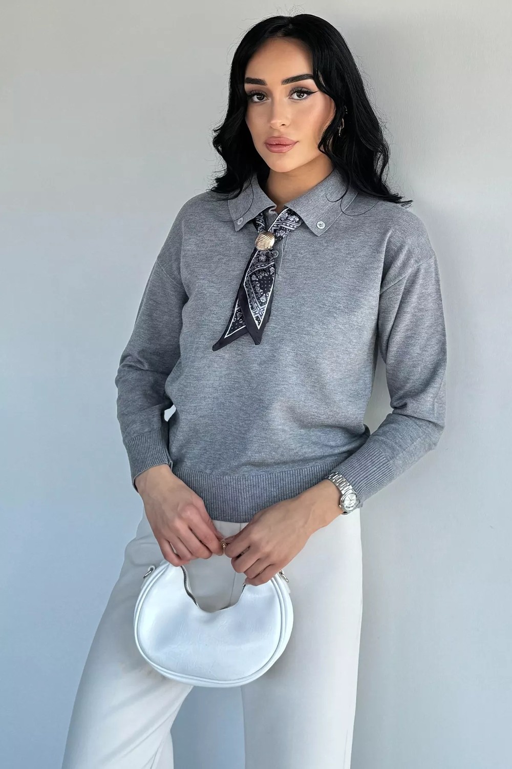 Gülseli Fular Detaylı Polo Yaka Triko Kazak P-00020416 görsel 6