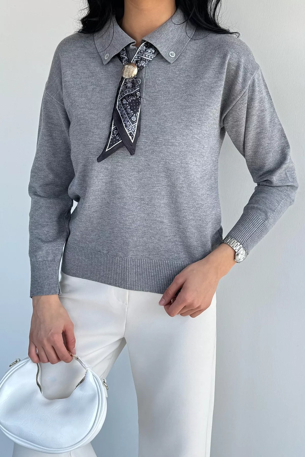 Gülseli Fular Detaylı Polo Yaka Triko Kazak P-00020416 görsel 7