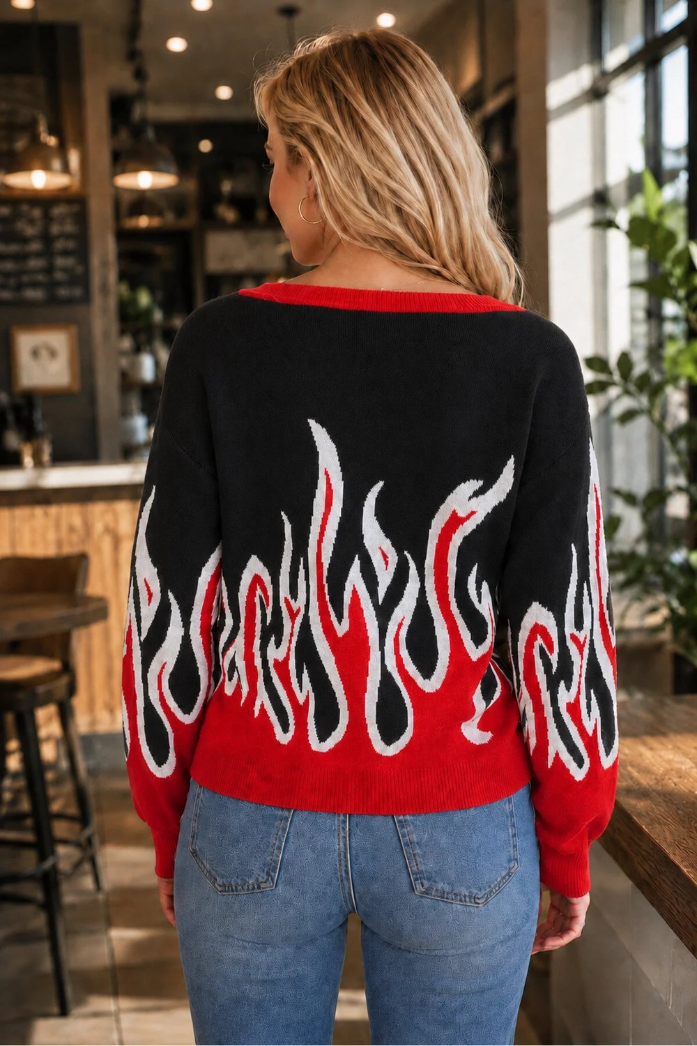 AQE FASHION Kadın Uzun Kollu V Yaka Alev Desenli Renk Garnili Özel Tasarım Zarif Günlük Gri Triko Kazak görsel 3