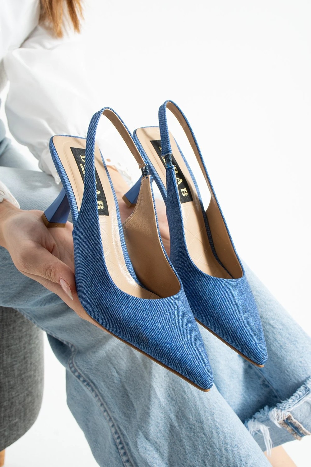 Dabab Shoes Cino Kadın Mavi Kot Sade Düz Arkası Açık 7cm Abiye Topuklu Ayakkabı görsel 2
