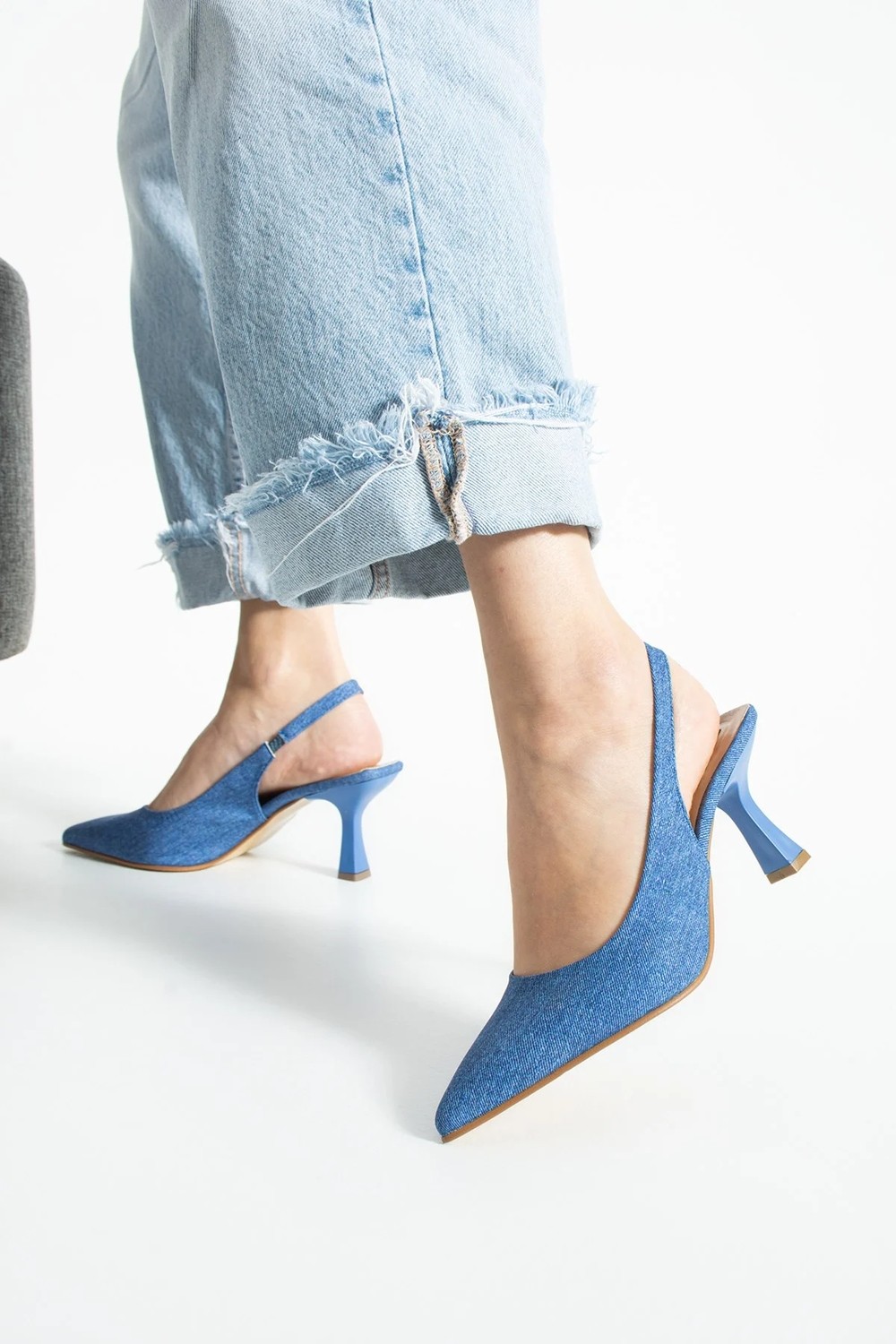 Dabab Shoes Cino Kadın Mavi Kot Sade Düz Arkası Açık 7cm Abiye Topuklu Ayakkabı görsel 3