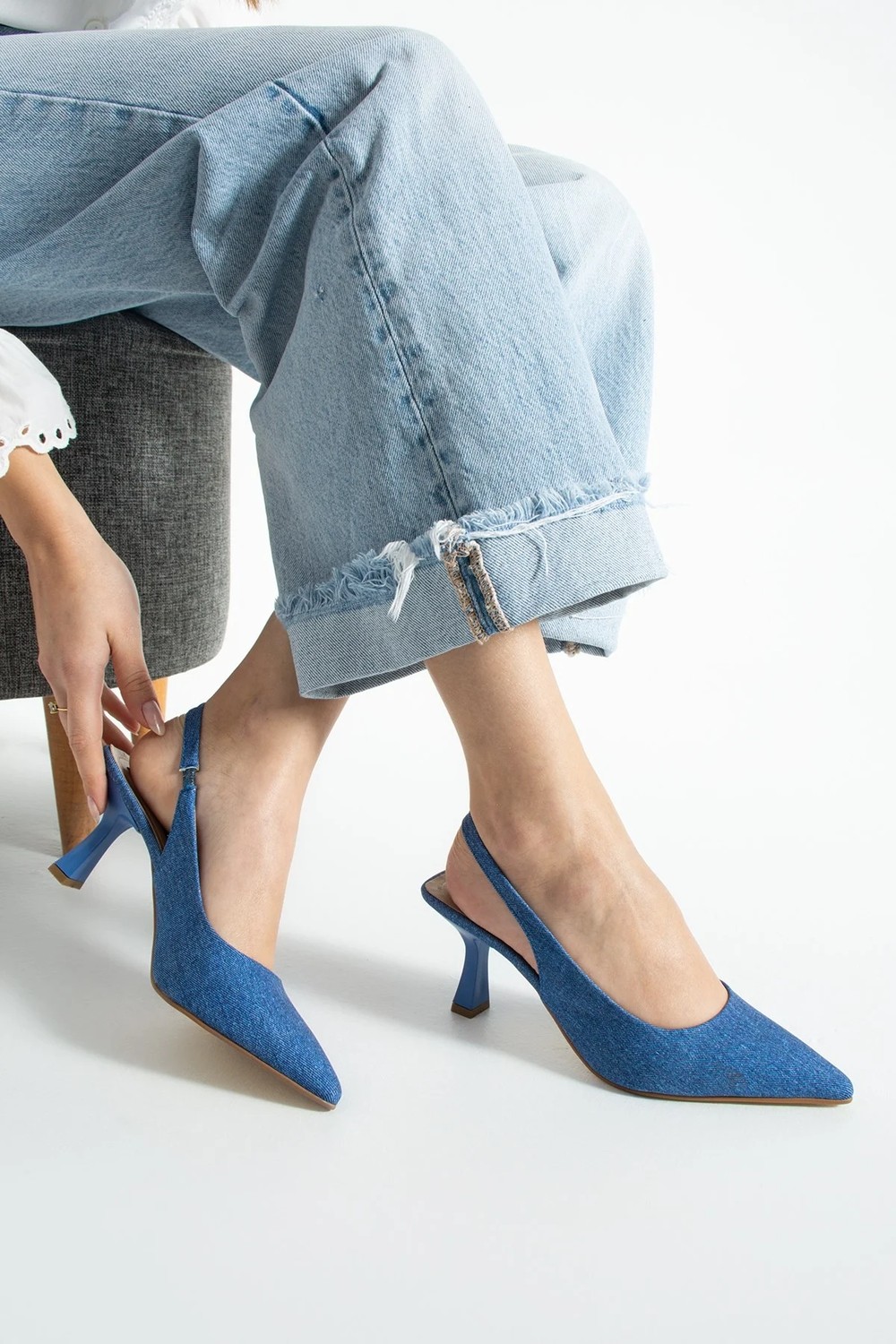Dabab Shoes Cino Kadın Mavi Kot Sade Düz Arkası Açık 7cm Abiye Topuklu Ayakkabı görsel 4
