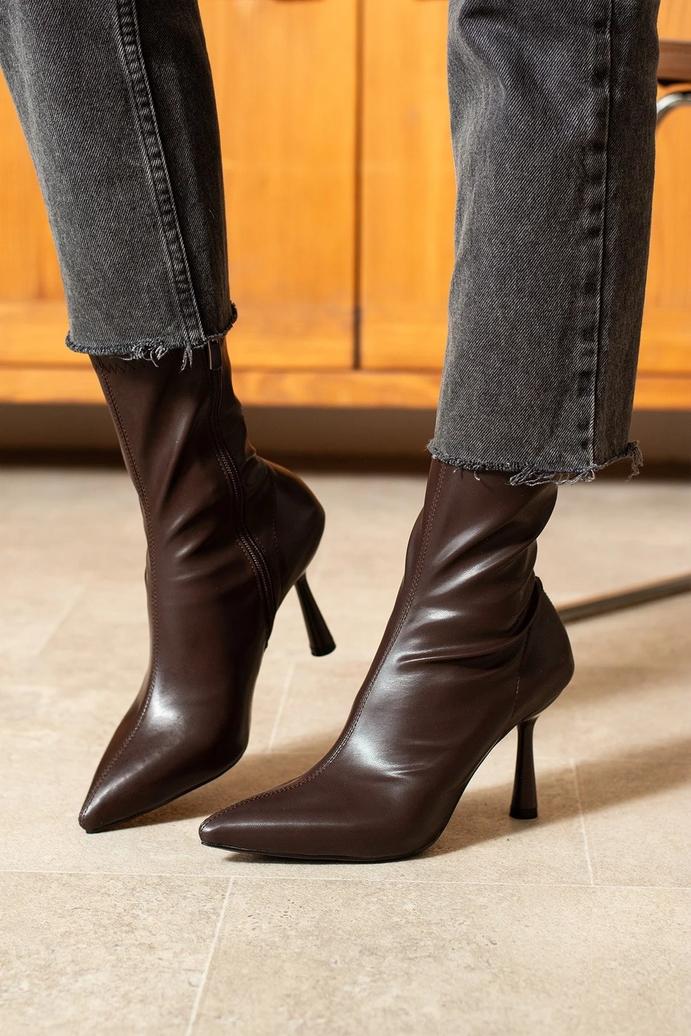 Dabab Shoes MARYA Kadın Acı Kahve Streç Cilt Sivri Burun Sıcak Astarlı Fermuarlı 7 Cm İnce Topuklu Bot Bootie görsel 4