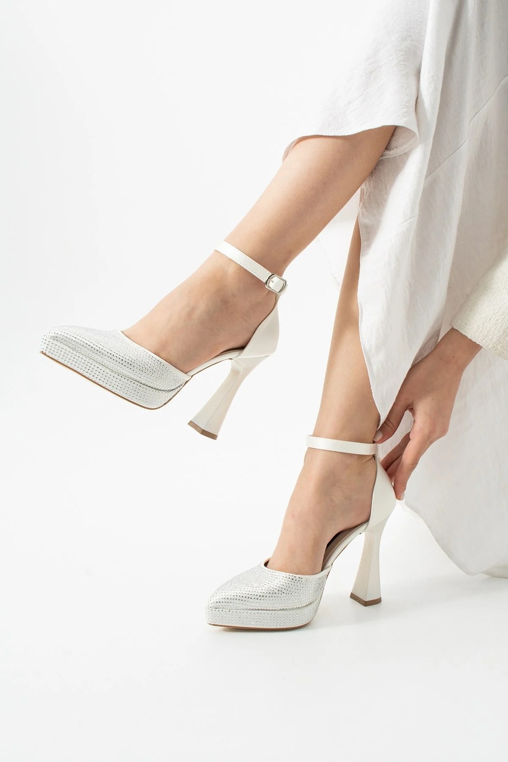 Dabab Shoes Serenya Kadın Sivri Burun 11 cm Platform Topuklu Taşlı Bilekten Bantlı Abiye Ayakkabı görsel 2