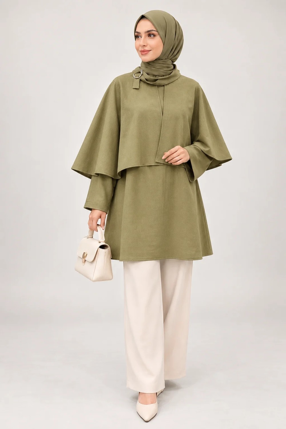 Qmash prive 9229 Pelerinli Tunik Haki