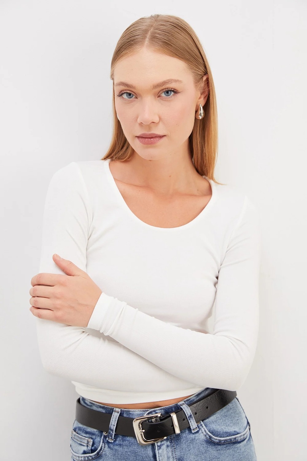 FullaModa Basic U Yaka Slim Fit Crop Body görsel 5
