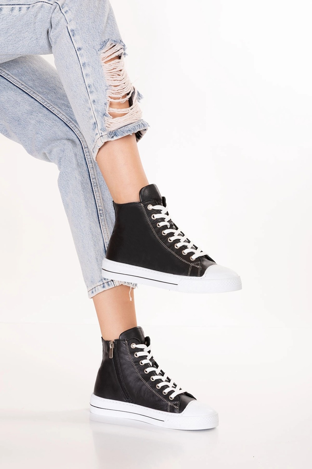 Gondol Kadın Hakiki Deri Günlük Yüksek Bilek Sneaker FLF.671 Siyah